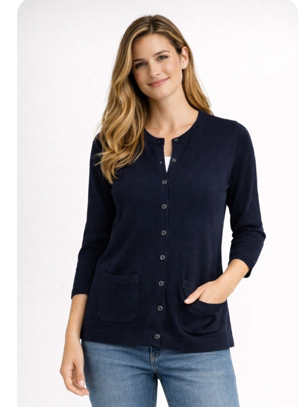 Talbots Navy Blue Cardigan 3/4 Sleeve Pima Cotton Cardigan Sweater Sz LP